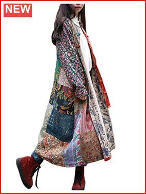 Women's Floral Patchwork Trench Coat, Cotton Linen Long Duster Jacket, Boho